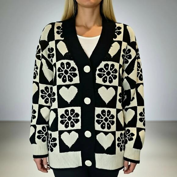 NWT Zara black and white hearts and flowers jacquard knit cardigan. New.